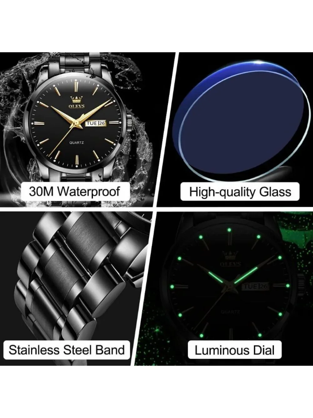 Olevs Men's Black Luxury Stainless Steel Big Face Analog Quartz Luminous Watch